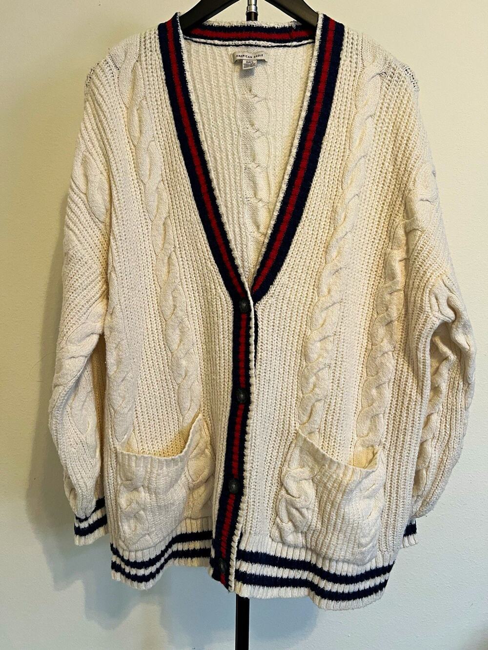 American Eagle Women’s Cable Knit V-Neck Cardigan Sweater White Red Blue Sz M